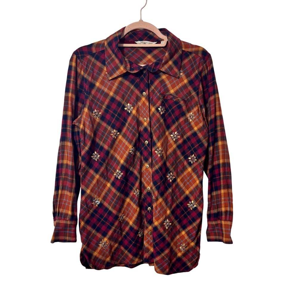 Soft Surroundings Embellished Plaid Flannel Shirt Orange Burgundy Petite Medium